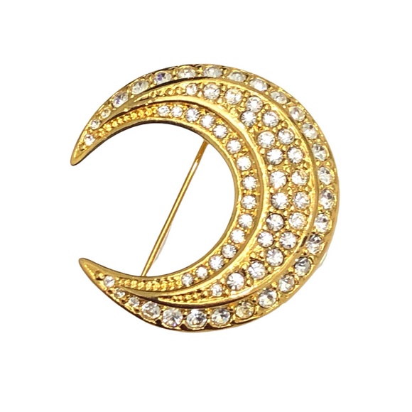 VINTAGE JOAN RIVERS GOLD & CLEAR CRYSTAL CRESCENT MOON BROOCH - Picture 1 of 16